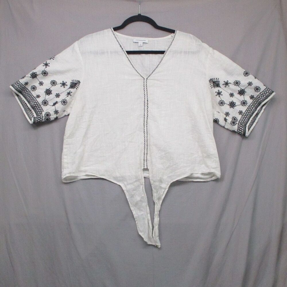 Calligraphie White Bohemian VNeck Embroidered Blouse Women Size Large
